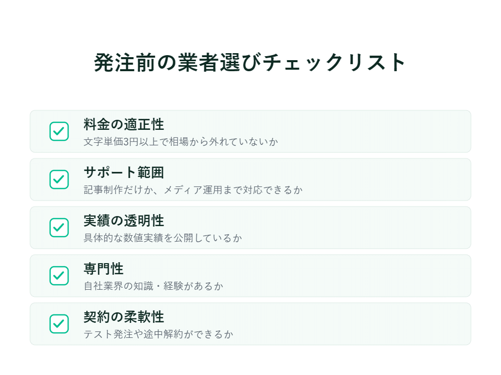 発注前の業者選びチェックリスト：価格、サポート、実績、専門性、契約の柔軟性の5項目