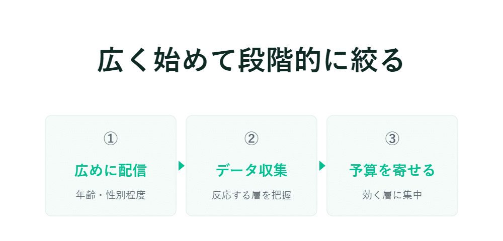日本語の3ステップ図解で、年齢・性別分布データを収集し、効果的な層に予算を集中させる