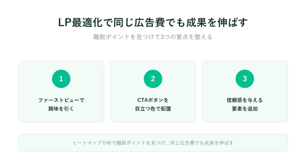 日本語のインフォグラフィックで、LP最適化の3つのステップを番号付きの円で解説