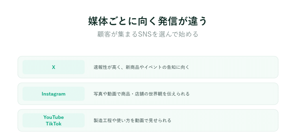 Xはニュースやイベント用、Instagramは写真や商品画像用、YouTubeとTikTokは動画用として使い分ける Japanese text