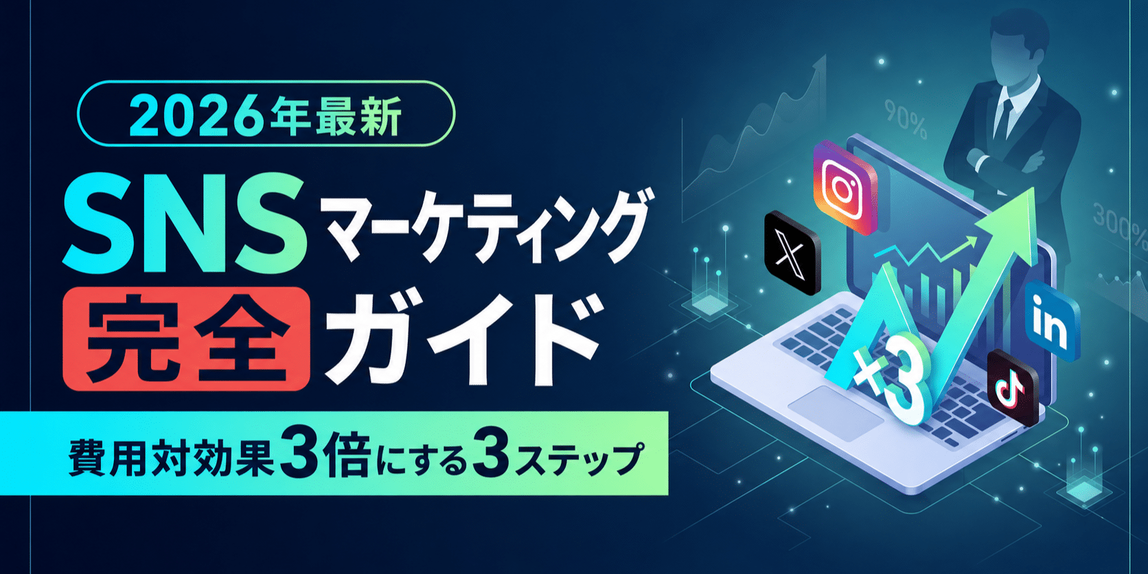 2026年SNSマーケティングガイドの日本語版宣伝画像。ノートPCと各種SNSのアイコンが描かれている