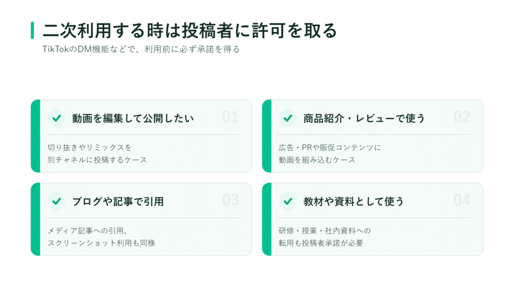 二次利用前の許可取得に関する4つのポイントをまとめた日本語のインフォグラフィック