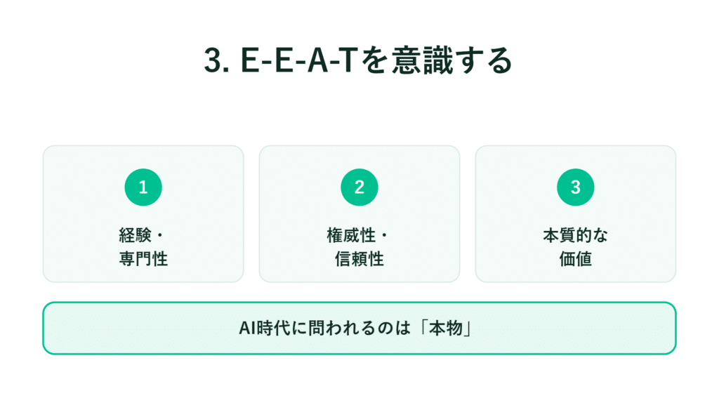 E-E-A-Tを意識すると、3つの要素――「経験・専門性」「権威性・信頼性」「本質的な価値」――が浮かび上がります