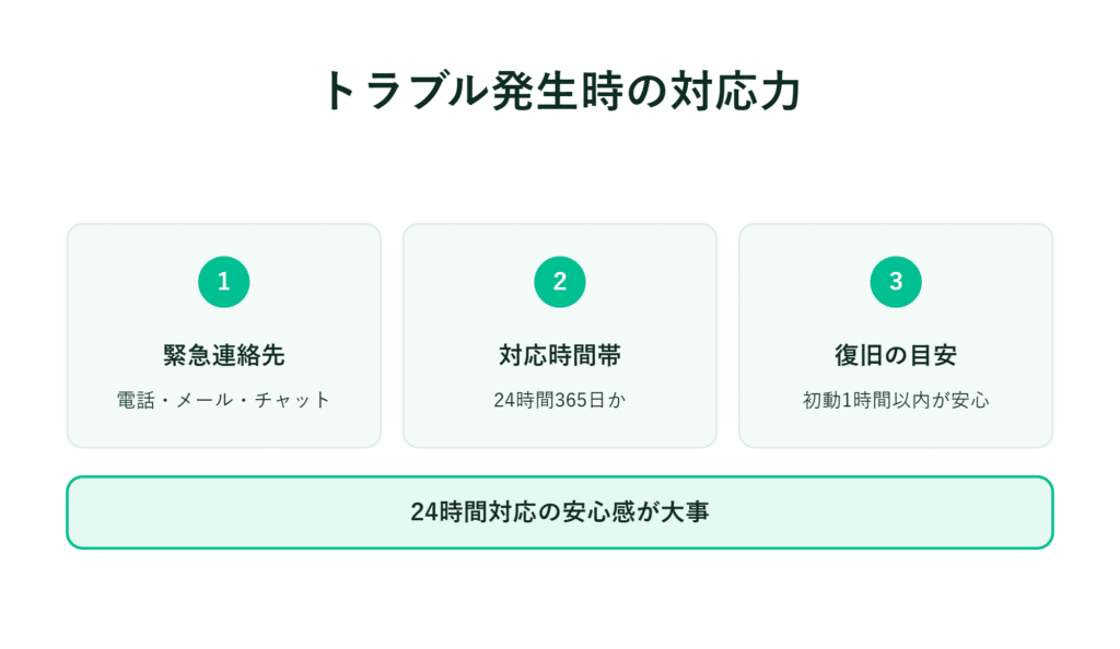 緊急連絡方法、24時間体制、および1時間以内の対応目標を記載する