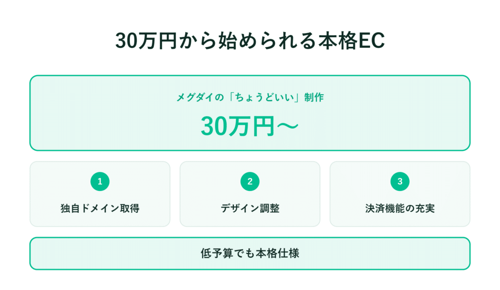30万円から作成できるECサイトの広告で、独自ドメインや決済機能を紹介