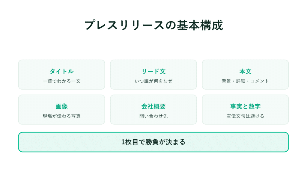 プレスリリースの基本構成を示す日本語の図、6つの項目、および下部の注意事項