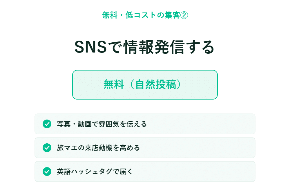 日本のSNS情報共有に関するインフォグラフィックで、緑のチェックマークと3つのコツを紹介