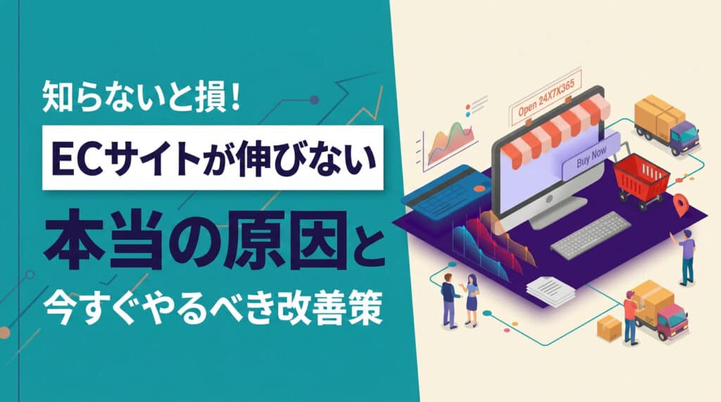 ECサイトの成長課題と改善案を示すバナーやモニターに、配送トラックや箱のイラスト